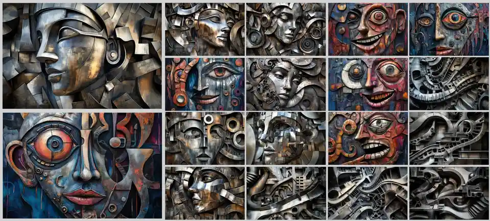 A collage of 16 abstract, stylized faces constructed from metallic, mechanical, and industrial components like gears, pipes…