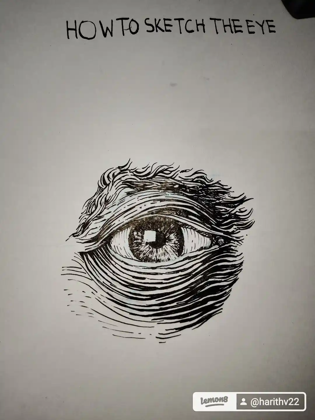 A black-and-white ink drawing on paper shows a highly detailed, realistic eye with intricate eyelashes, iris, and…