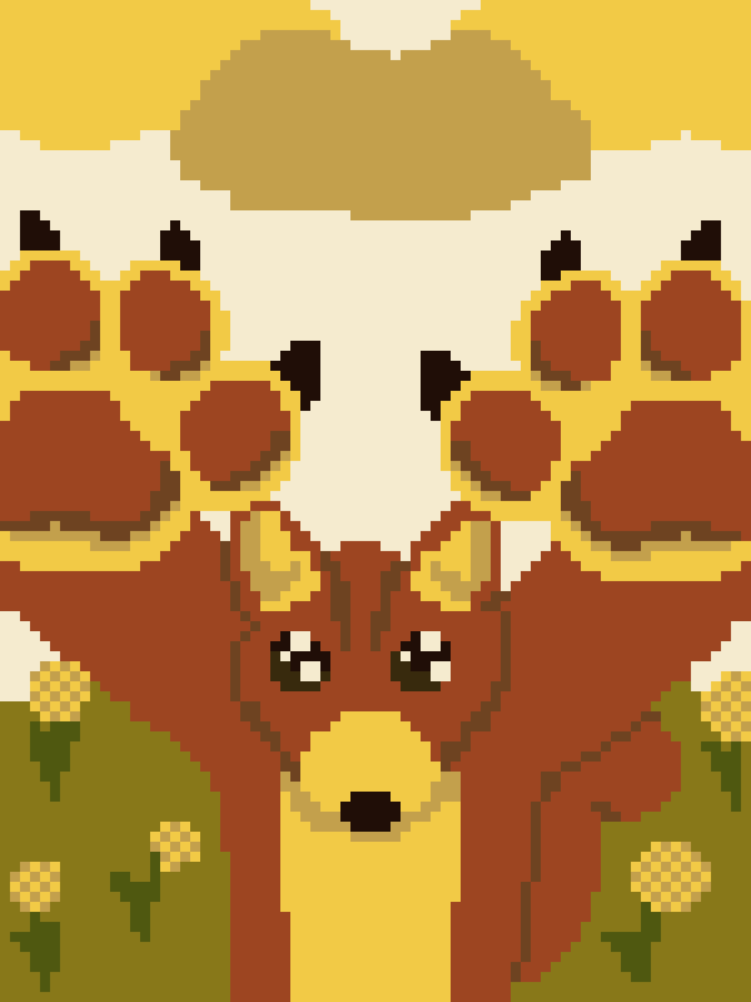 A pixel art image shows a brown deer with large, symmetrical antlers made of multiple brown and yellow segments, standing in…