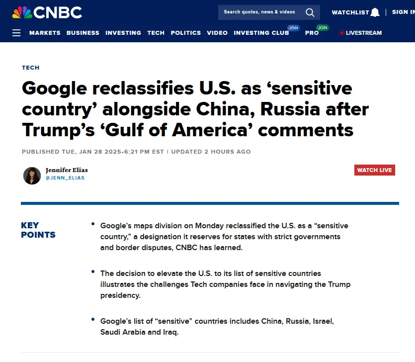 A screenshot of a CNBC news article with a headline stating Google reclassified the U.S. as a 'sensitive country' alongside…