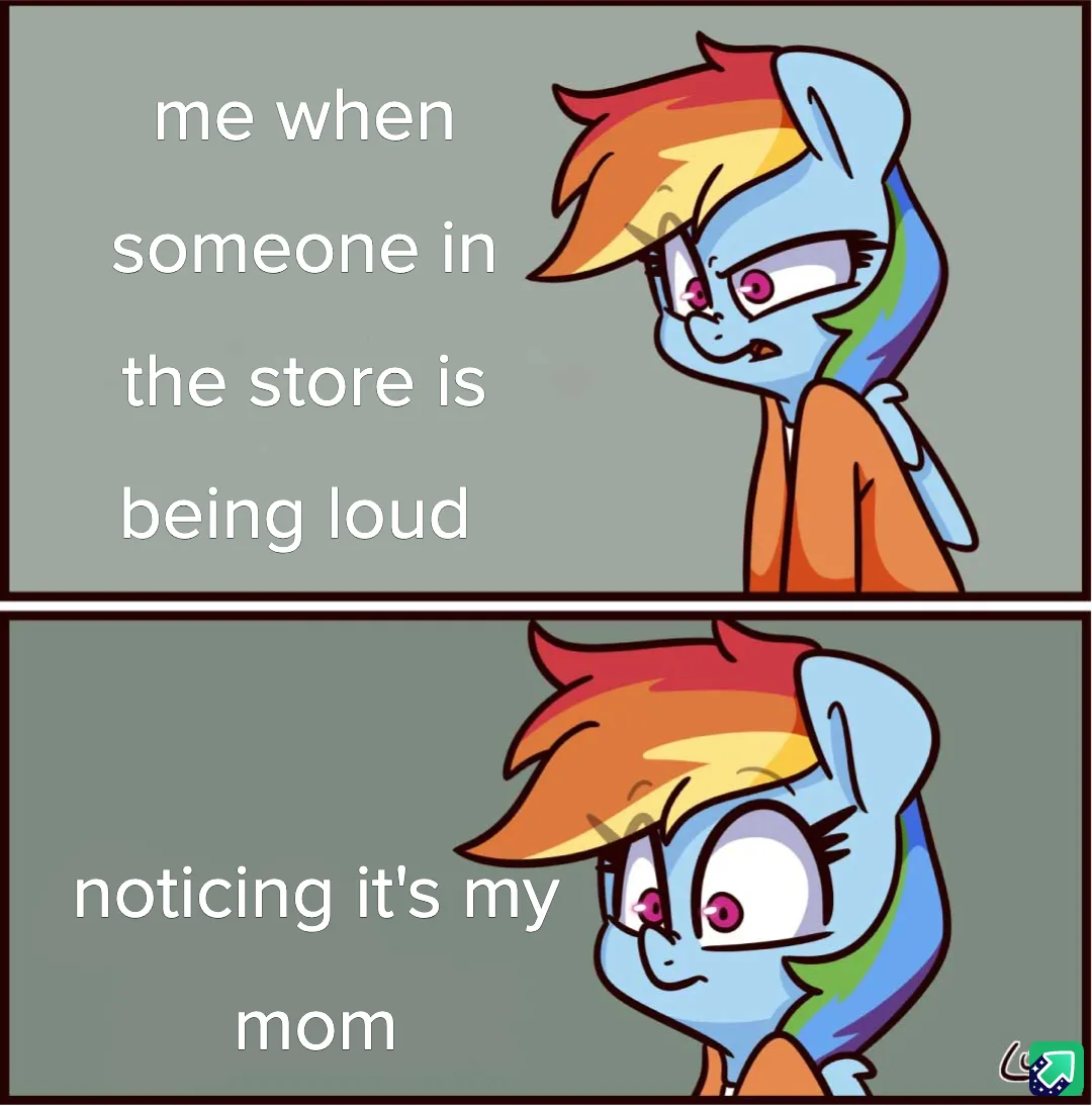 A two-panel meme featuring the character Rainbow Dash from My Little Pony. In the top panel, she has an annoyed, scowling…