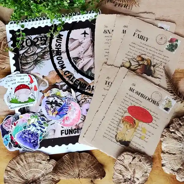 An overhead shot displays a collection of mushroom-themed items on a wooden surface, including a 2025 mushroom calendar…