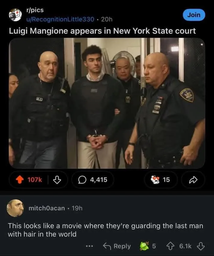 A photo shows Luigi Mangione, a young man with dark hair and a serious expression, being escorted by two bald police…