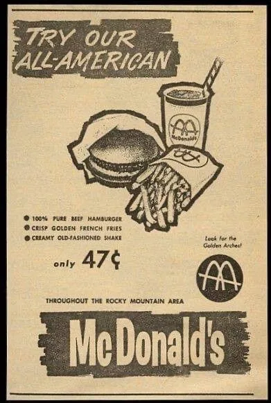 A vintage black-and-white McDonald's advertisement from the 1950s or 60s, featuring a sketch of a hamburger, fries, and a…