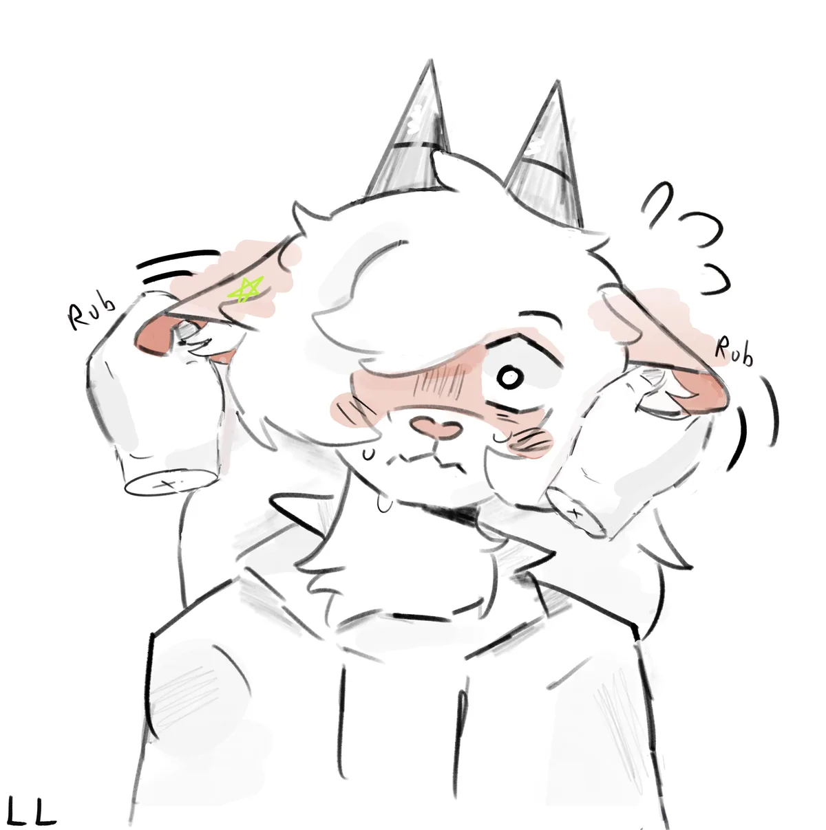 A cartoon white cat with spiky hair and party hats on its head is shown rubbing its eyes with both hands, looking tired or…