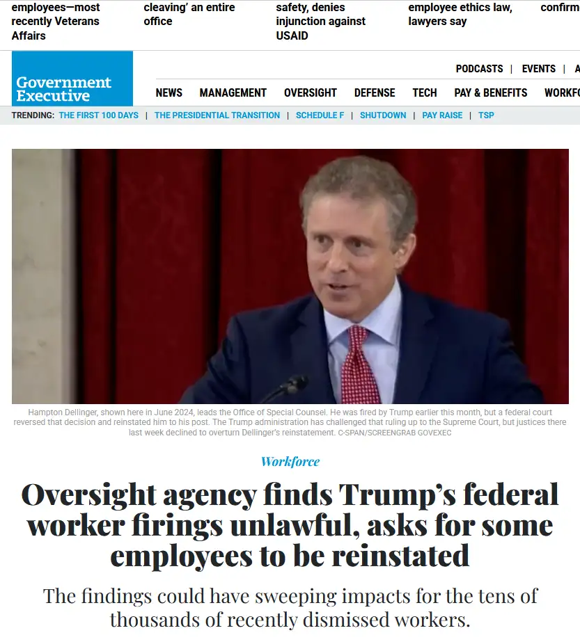 A screenshot of a Government Executive news article featuring a photo of Hampton Dellinger speaking at a podium in front of…