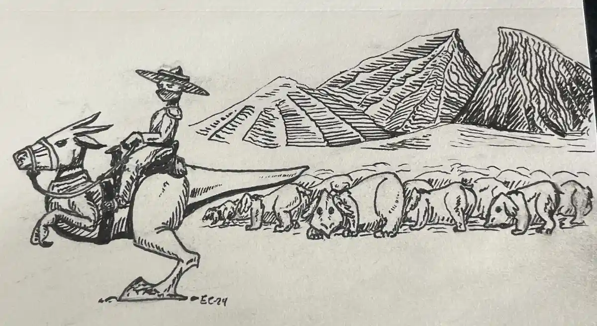 A black-and-white ink drawing shows a figure in a cowboy hat riding a donkey, leading a line of rhinoceroses across a desert…