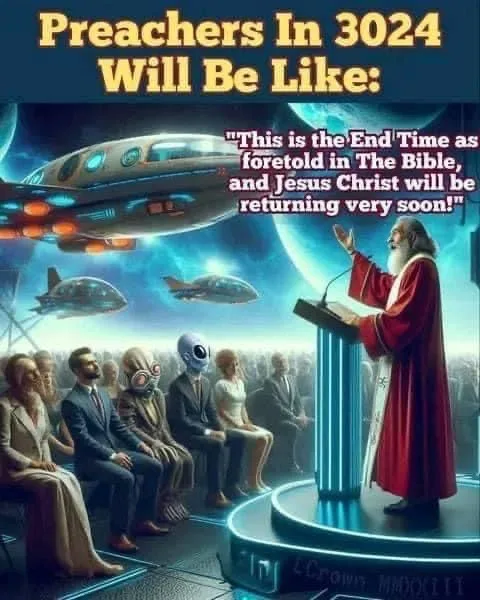 A futuristic preacher in a red robe stands at a glowing podium, gesturing to an audience seated in a sci-fi auditorium with…