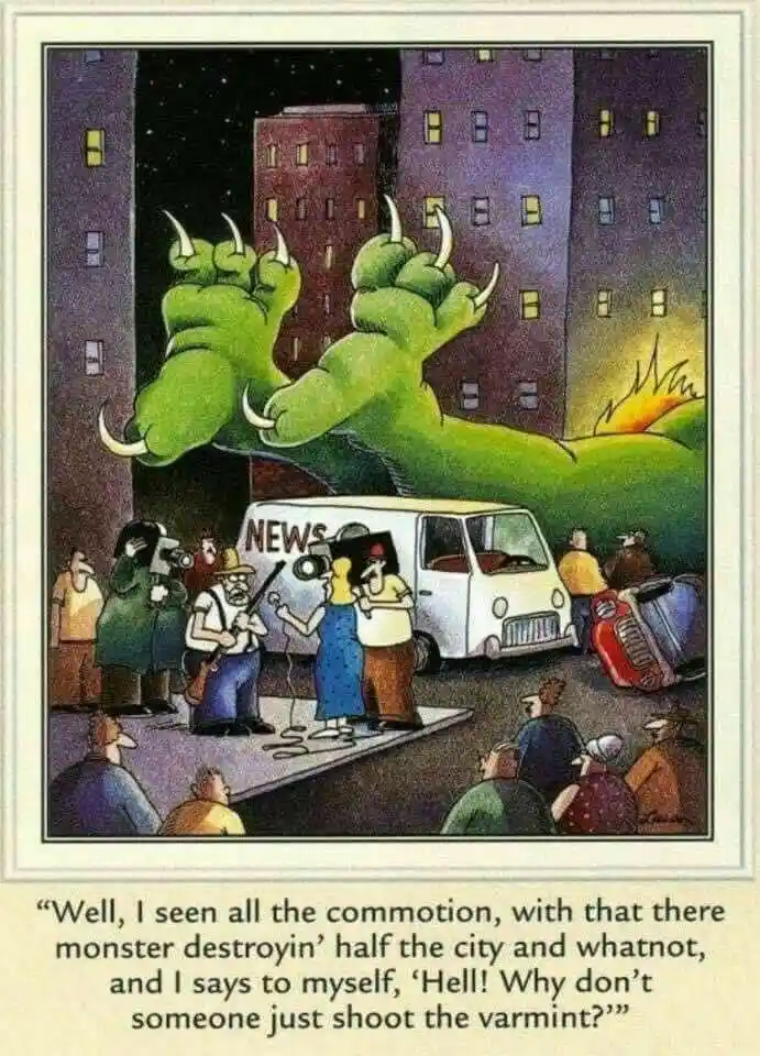 A cartoon depicts a giant green monster with claws and horns emerging from between tall city buildings at night. Below, a…