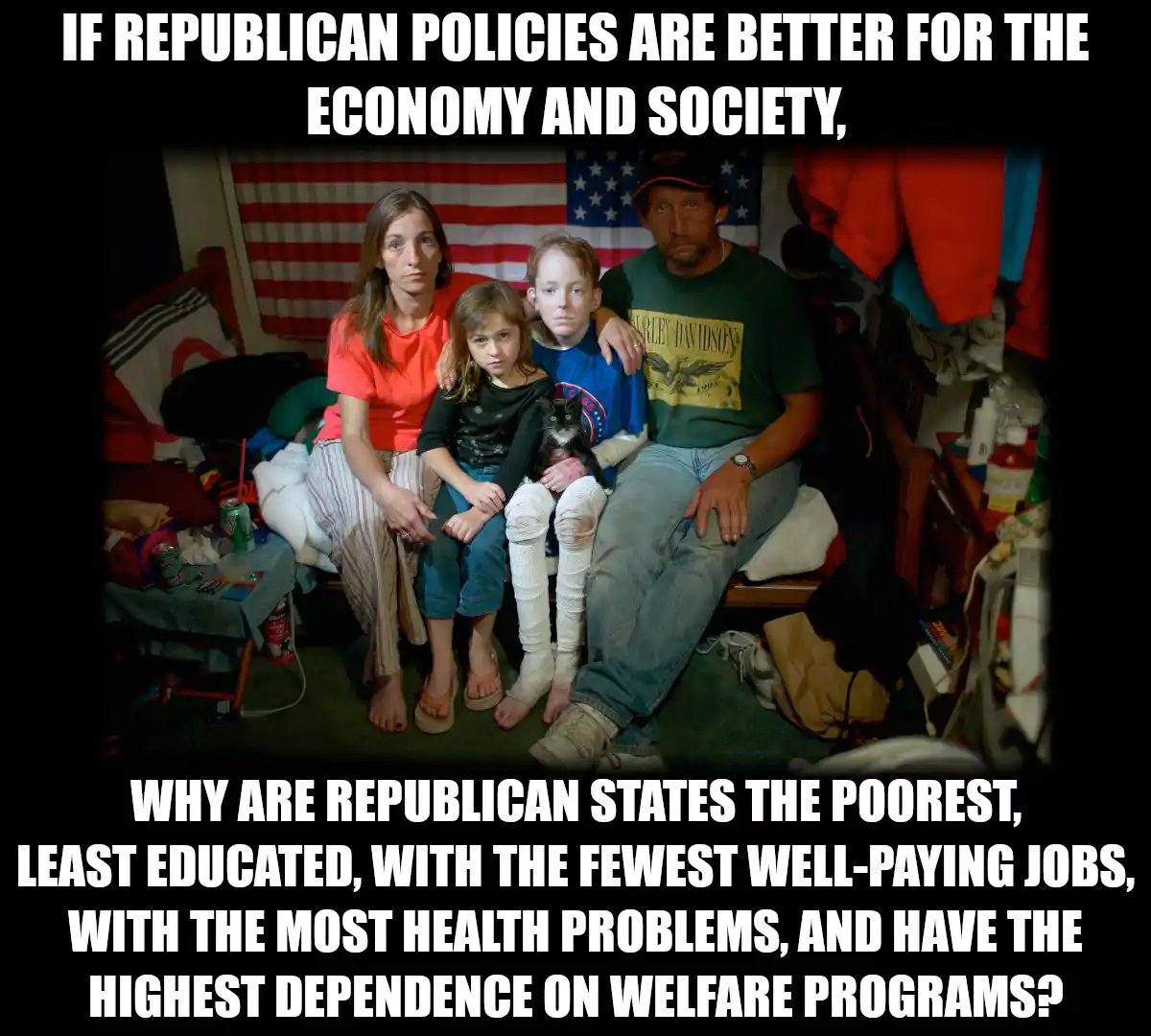 A family of four sits in a cluttered, cramped room with an American flag in the background. The text overlaid in bold white…