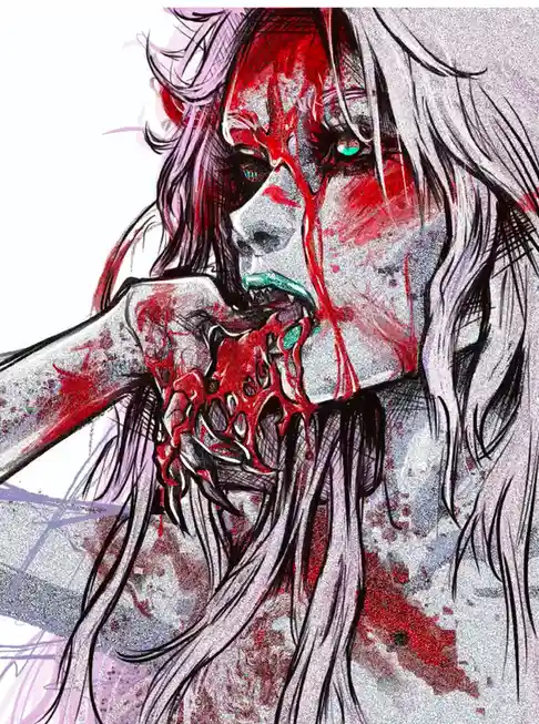 A stylized anime-style illustration shows a pale, long-haired character with green eyes, covered in red blood splatters…