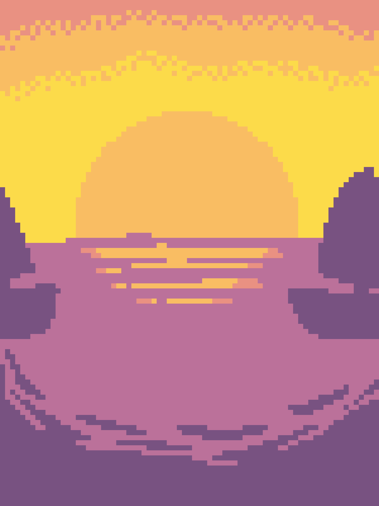 A pixelated image of a sunset over water with purple mountains, overlaid with the text 'i'm not lazy, i'm in energy-saving…