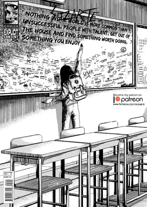 A black-and-white comic panel shows a student with a backpack writing on a classroom chalkboard covered in graffiti. The…