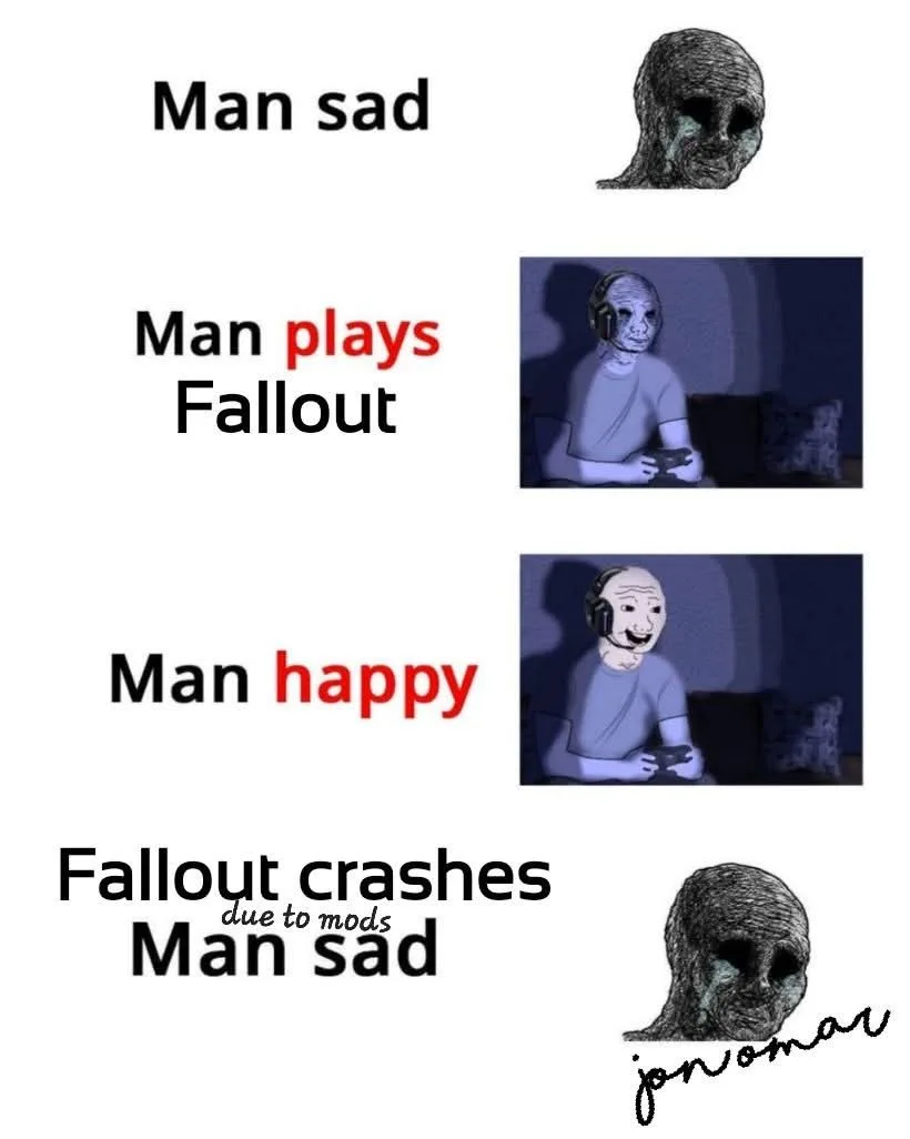 A four-panel meme showing a man's emotional state: sad (with a crying skull), then playing Fallout (with a smiling face)…