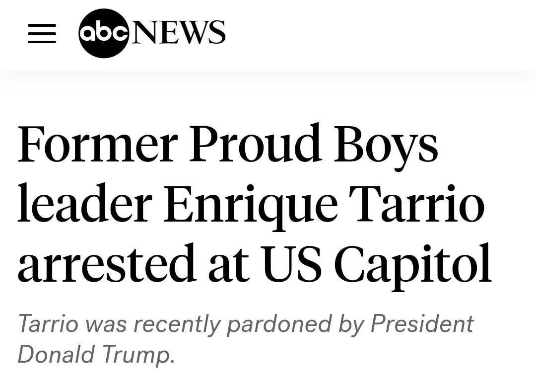 The image displays a screenshot of an ABC News article headline stating that former Proud Boys leader Enrique Tarrio was…