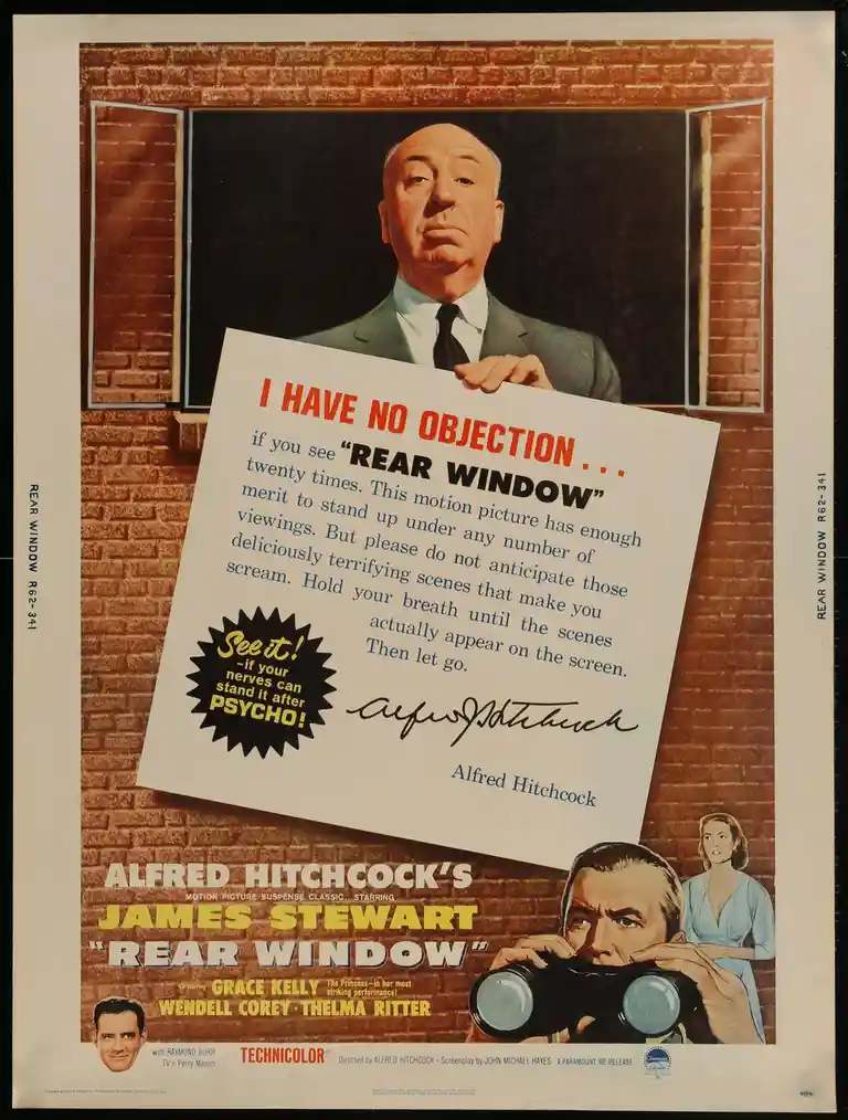 A vintage movie poster for Alfred Hitchcock's 'Rear Window' features a man in a suit holding a large sign with text. The…