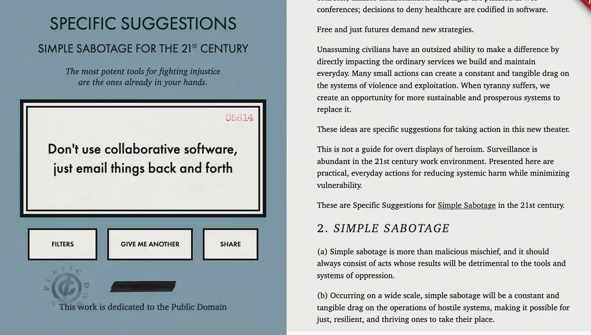 The image displays a document titled 'SPECIFIC SUGGESTIONS: SIMPLE SABOTAGE FOR THE 21ST CENTURY' with a central box…