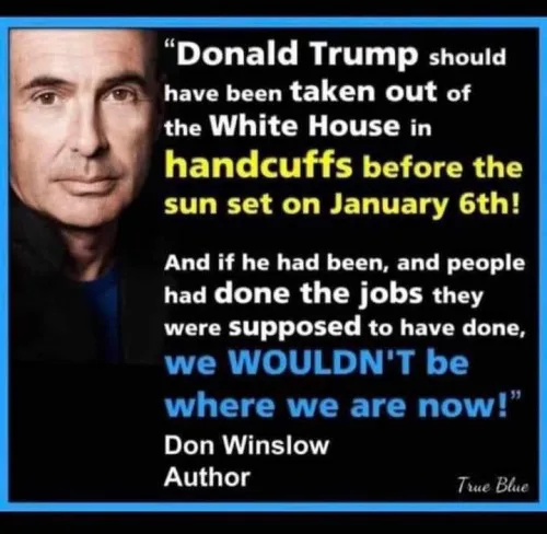 A black-background meme features a portrait of author Don Winslow on the left, with a large block of text on the right. The…