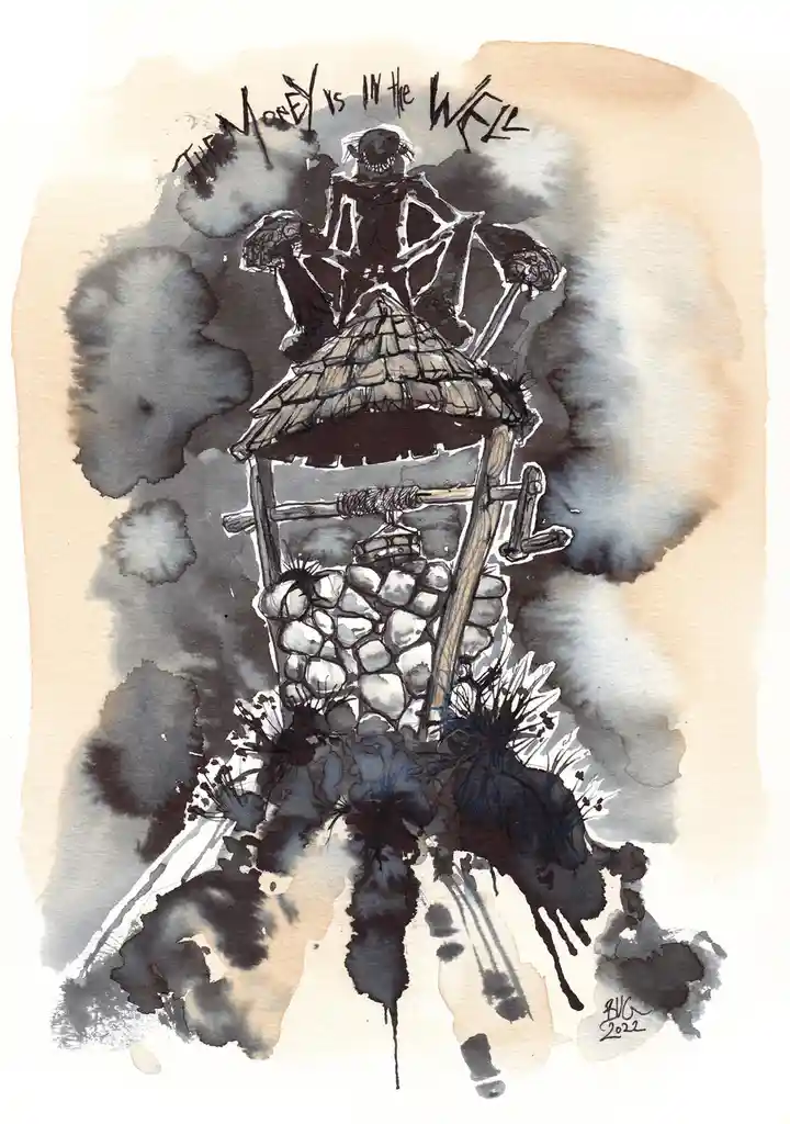 A watercolor illustration depicts a skeletal figure perched atop a stone well with a thatched roof, holding a staff. The…