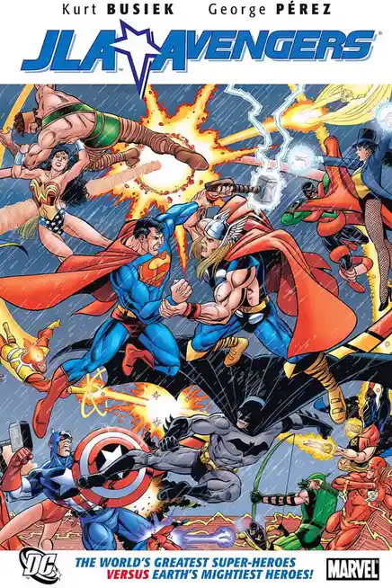 A comic book cover for 'JLA Avengers' by Kurt Busiek and George Pérez, depicting a chaotic battle between DC and Marvel…