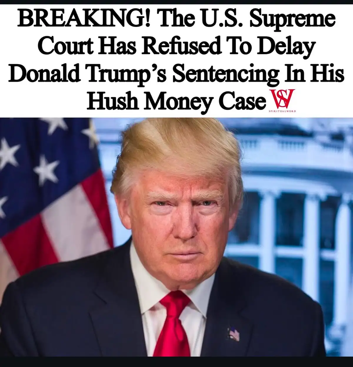 The image shows a close-up of Donald Trump looking serious, wearing a dark suit, white shirt, and red tie, with an American…