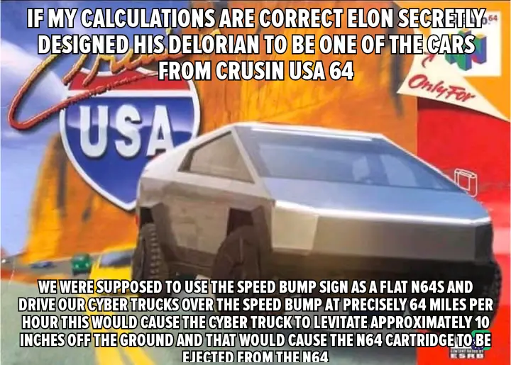 The image shows a silver Cybertruck from the game 'Crusin' USA 64', which is a fictional game. The overlaid text humorously…