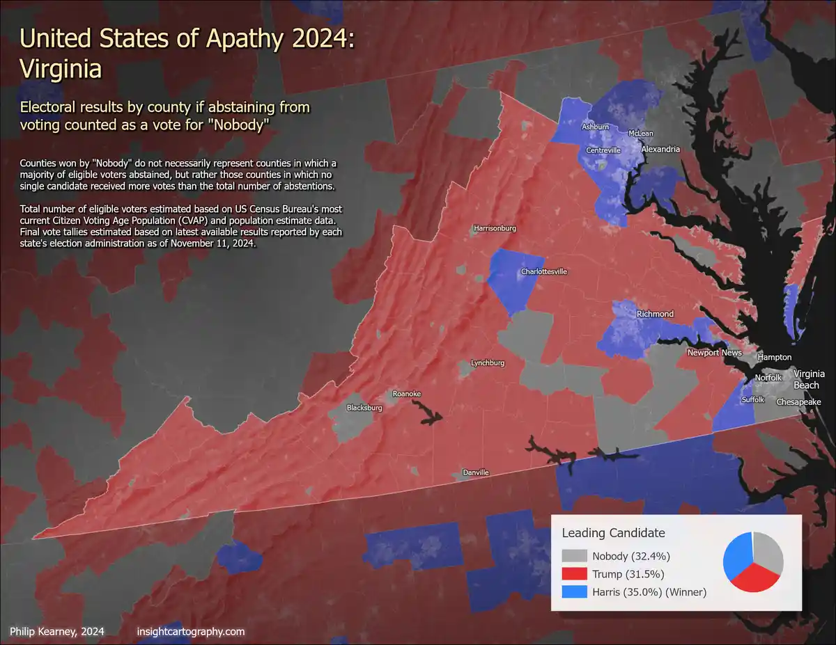 A map of Virginia titled 'United States of Apathy 2024: Virginia' shows counties colored red, blue, or gray based on…