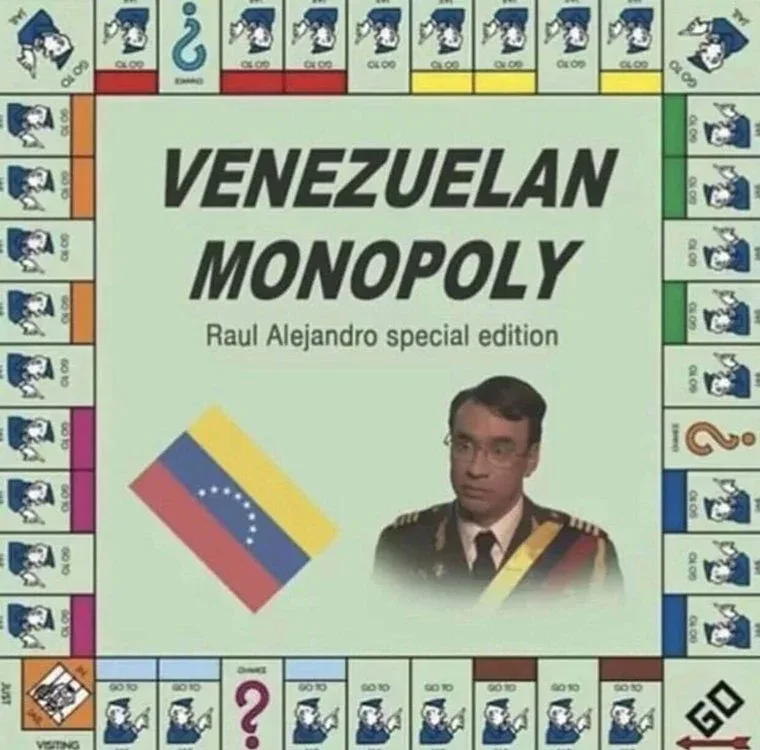 A modified Monopoly board game titled 'VENEZUELAN MONOPOLY Raul Alejandro special edition' features a photo of Raul…