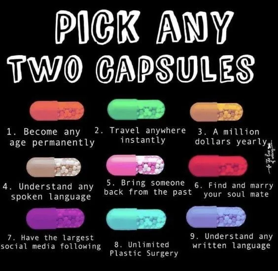 A black background displays nine colorful capsules arranged in a 3x3 grid, each labeled with a fantastical wish. The text at…