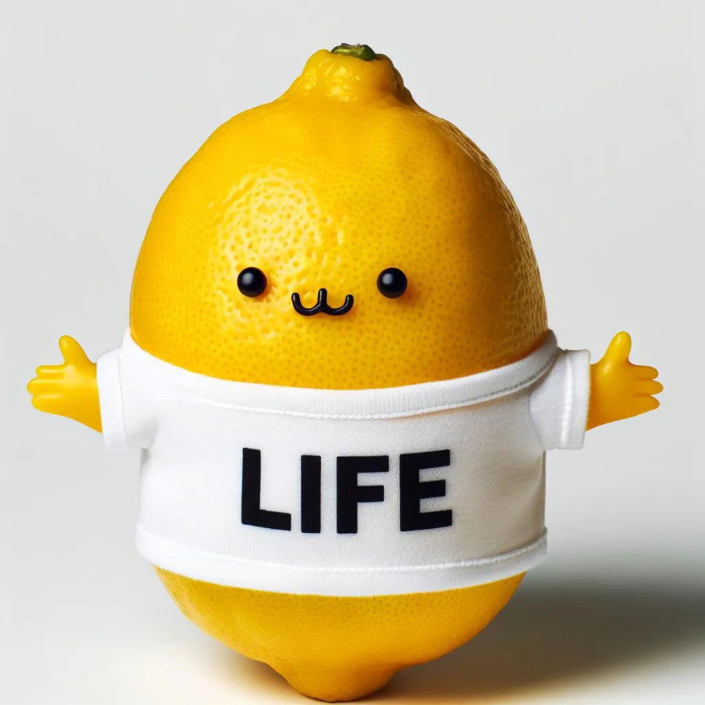 A yellow lemon with cartoonish black eyes and a smiling mouth is wearing a white t-shirt with the word 'LIFE' printed in…