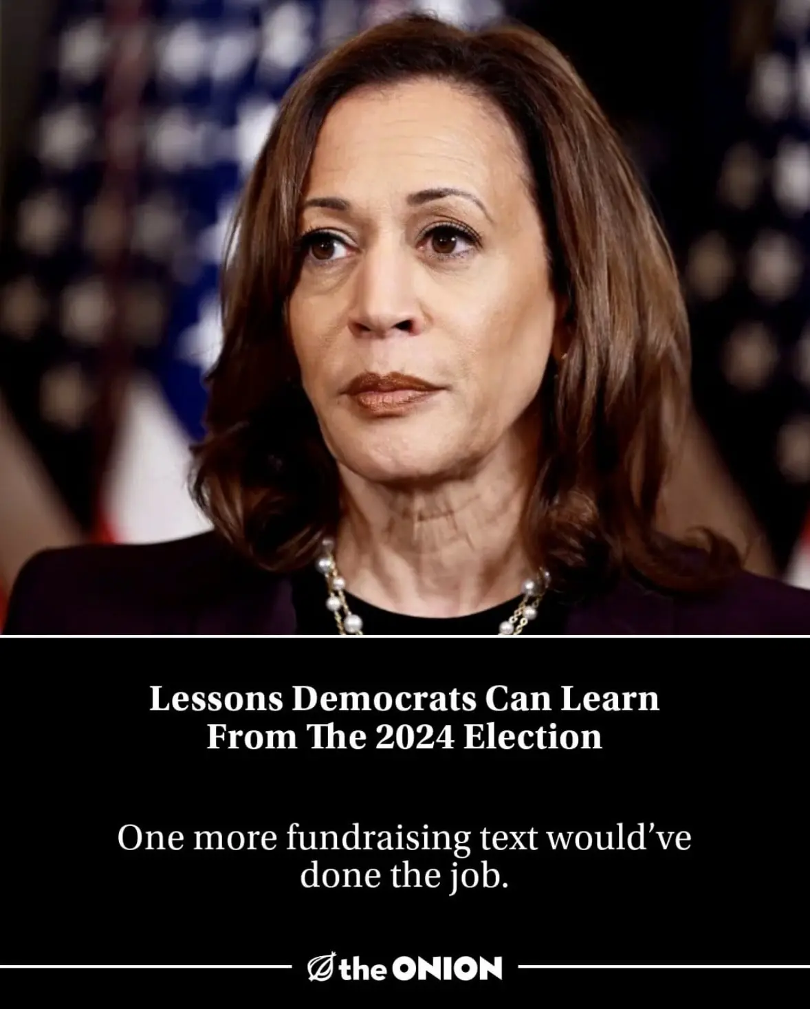 A close-up photo of Kamala Harris with a serious expression, set against a blurred American flag background. The image…