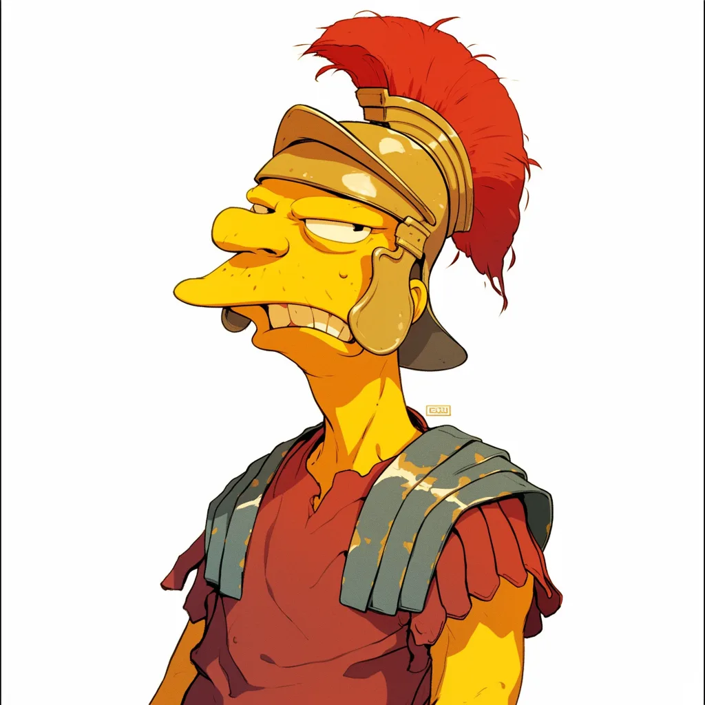 A cartoon character with yellow skin, wearing a Roman-style helmet with a red plume and a tunic with a greenish-grey…