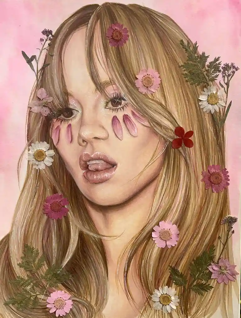 A detailed painting of a young woman with long blonde hair against a pink background, adorned with various pressed flowers…