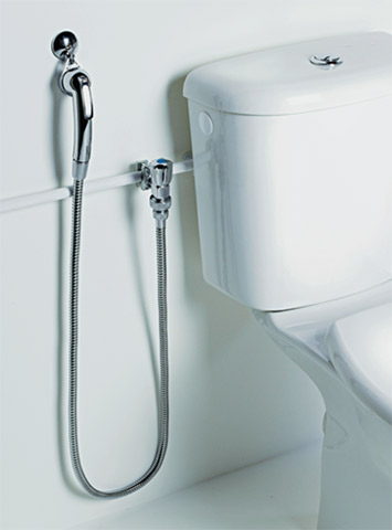 A clean, white bathroom scene featuring a toilet and a chrome handheld bidet sprayer mounted on the wall beside it. The…