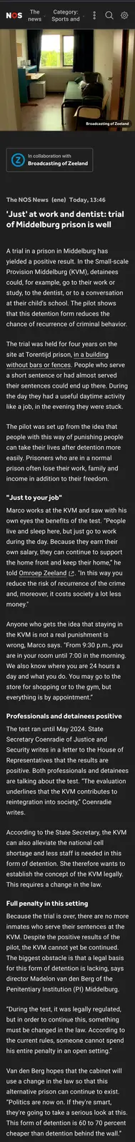 A screenshot of a NOS News article about a Dutch prison experiment called KVM, which features a photo of a simple, open-plan…