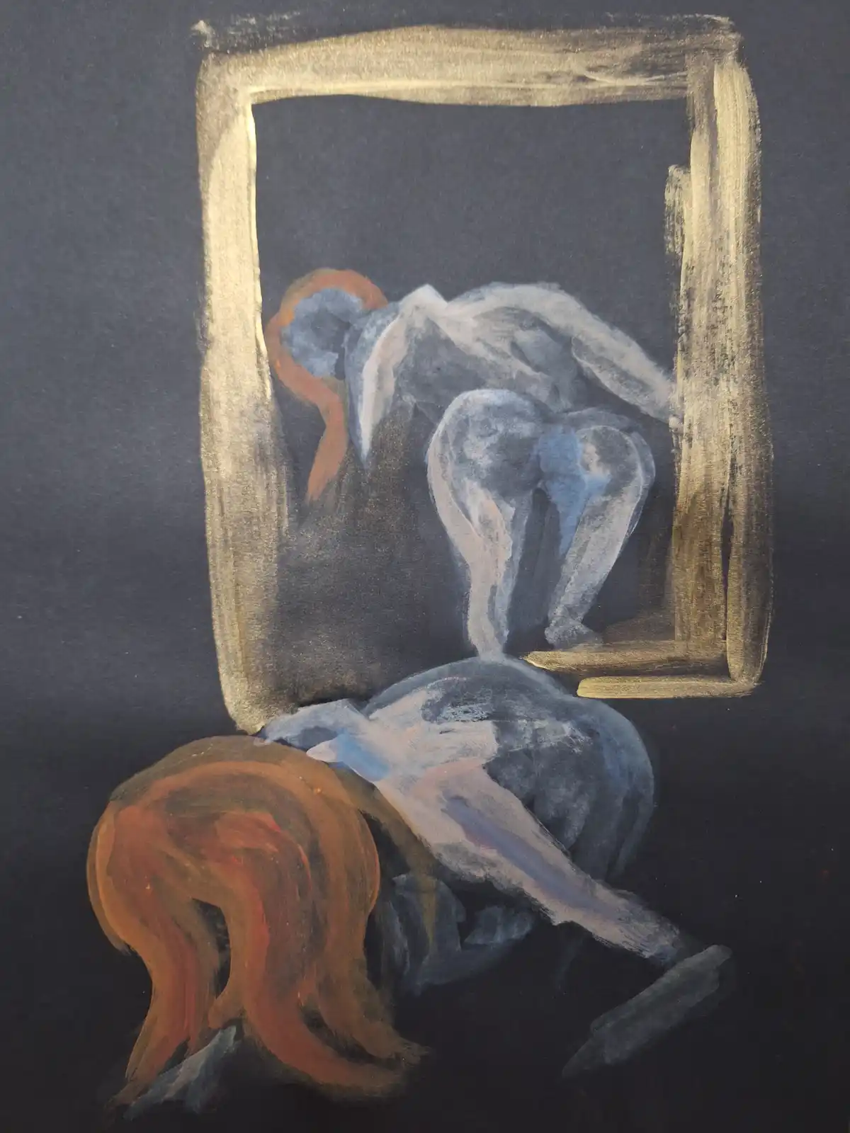 An abstract painting depicts a figure with orange hair slumped forward in the foreground, while a similar figure is shown in…