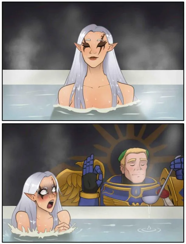 The image is a two-panel comic. In the top panel, a serene, silver-haired elf woman with pointed ears is relaxing in a…