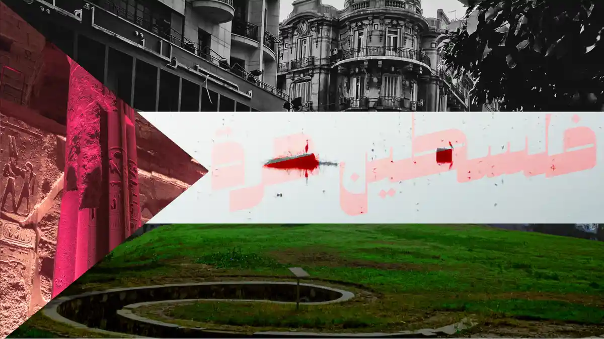 The image is a collage with three distinct sections: on the left, ancient Egyptian hieroglyphs and stone columns in a…