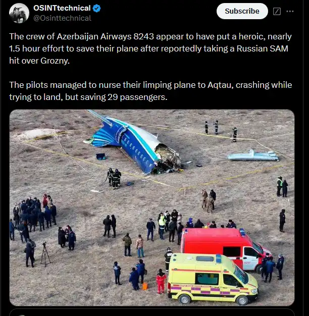 An aerial view shows the wreckage of a blue and white Azerbaijan Airways plane lying on dry, brown earth, with emergency…