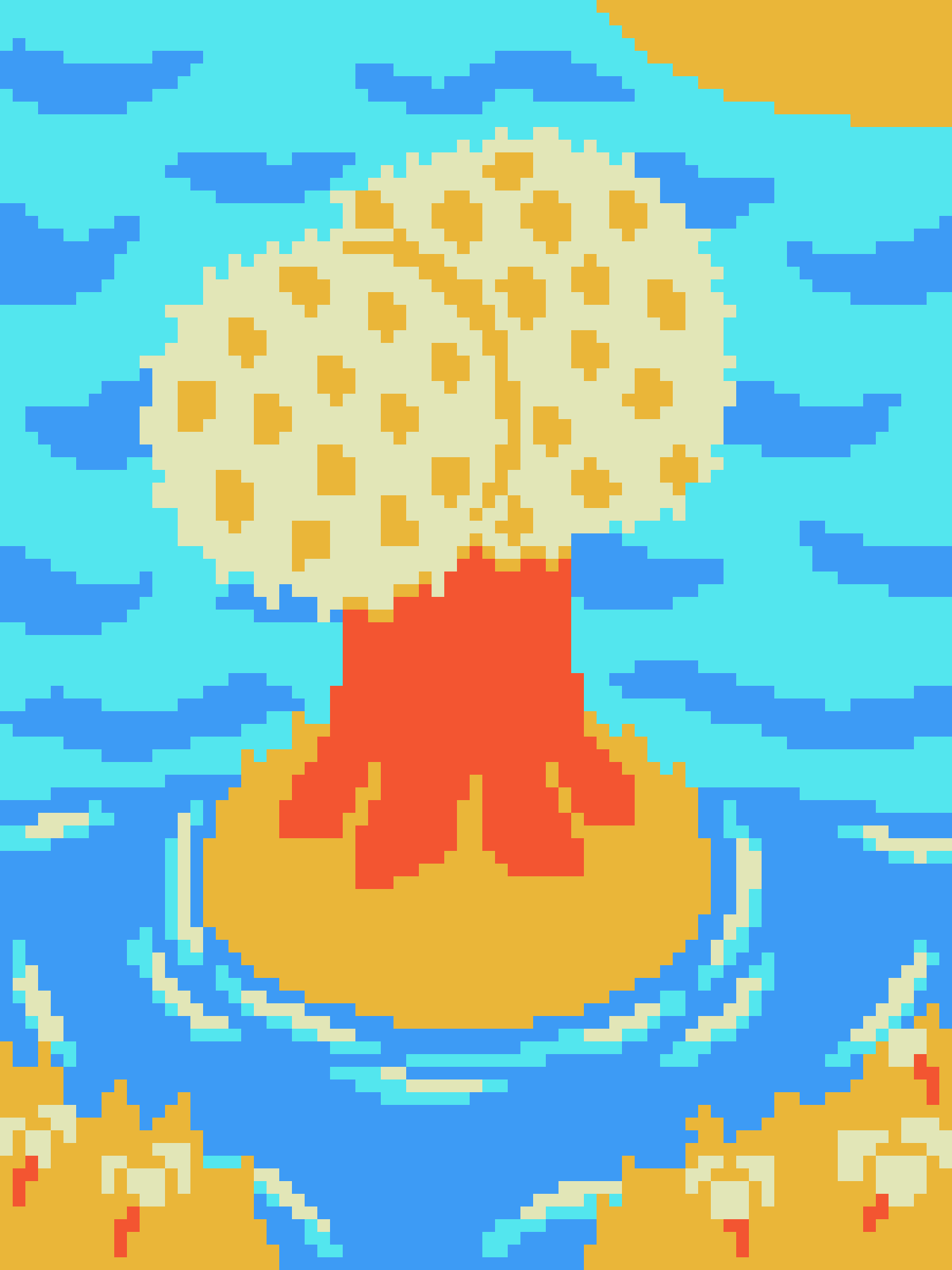 A pixelated image shows a red, smiling sun with a yellow face, erupting from a volcano-like shape, spewing a large cloud of…