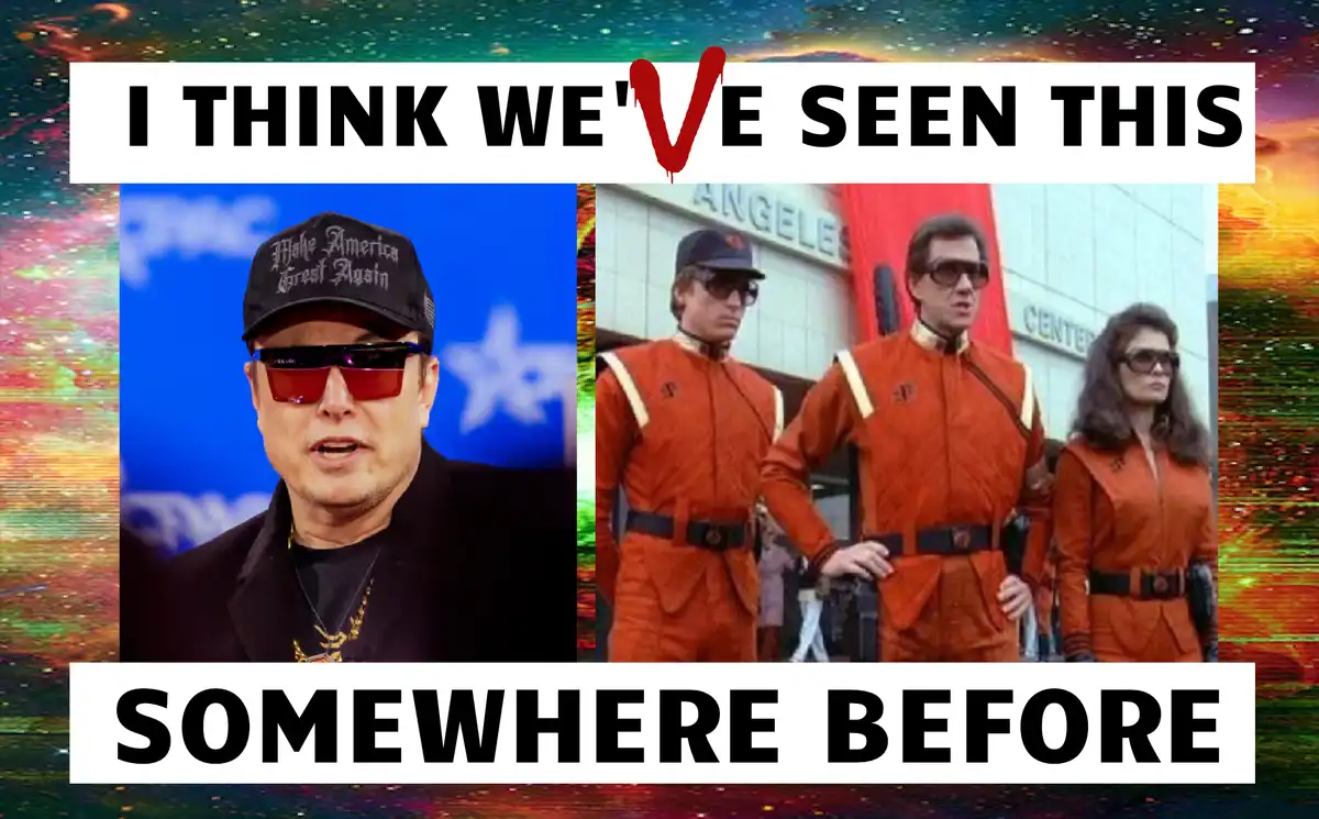 The image is split into two panels. The left panel shows a man wearing a 'Make America Great Again' cap and red sunglasses…
