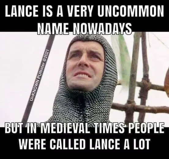 A man in medieval chainmail armor, looking upward with a strained expression, holds a lance. The image has bold white text…