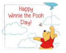 A cartoon image of Winnie the Pooh in his red shirt, reaching up toward a blue balloon floating among white clouds. The text…