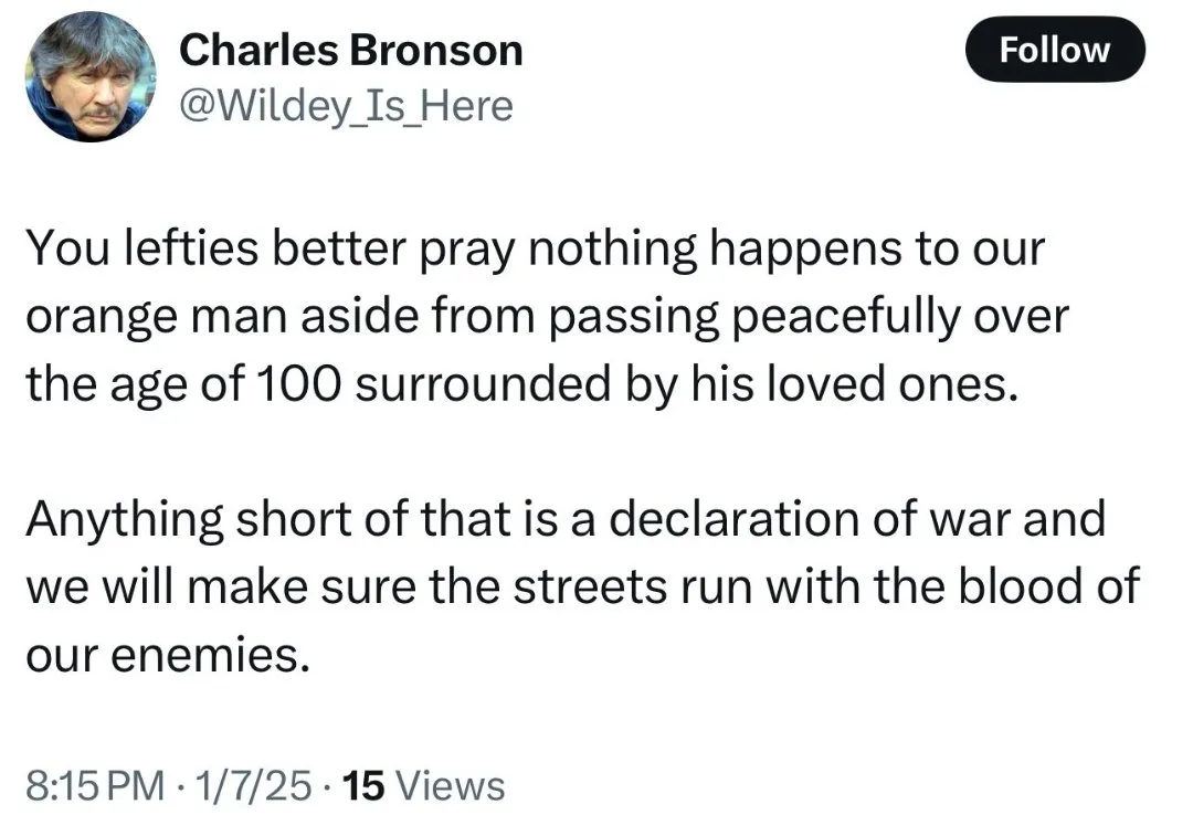A screenshot of a tweet from a user named Charles Bronson, who is shown with a profile picture of an older man with gray…