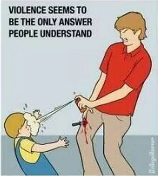 A cartoon depicts a man in a red shirt holding a knife to his own thigh, while a child in overalls sprays him with a hose…