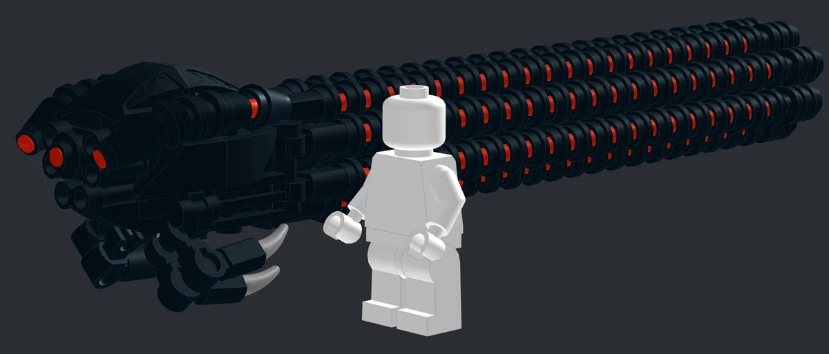 A white Lego minifigure stands beside a massive, black, segmented Lego weapon with red glowing eyes and clawed feet, against…