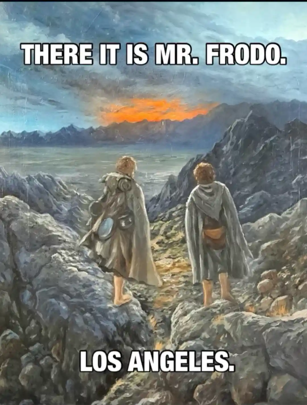 Two characters from The Lord of the Rings stand on a rocky mountain ridge overlooking a distant valley at sunset. The top…