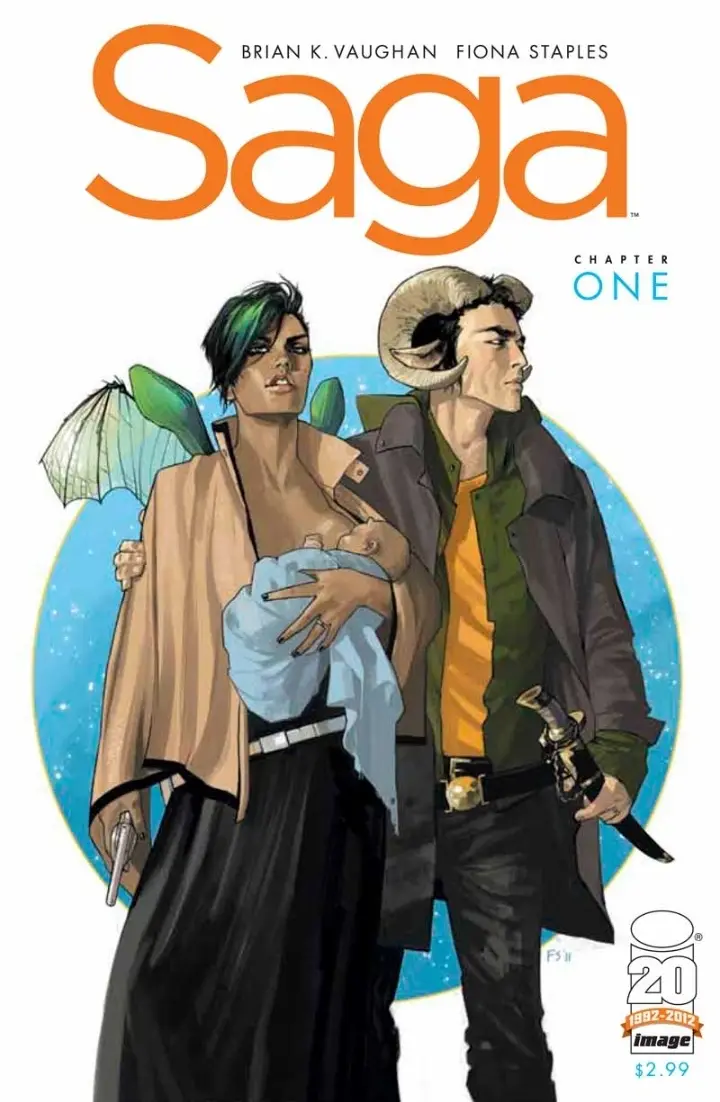 The cover of the comic book 'Saga' by Brian K. Vaughan and Fiona Staples, showing two armed, fantastical characters holding…