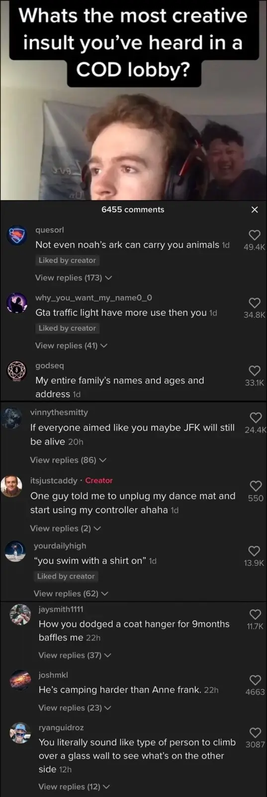 A screenshot of a YouTube comment section under a video asking for the most creative insult heard in a Call of Duty lobby…