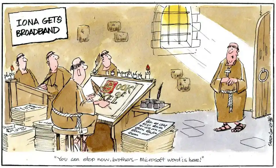 A cartoon depicts monks in a medieval scriptorium, surrounded by stacks of handwritten manuscripts, as one monk finishes…